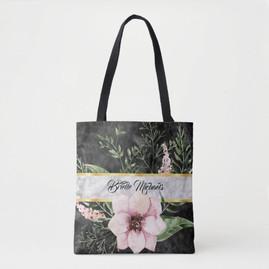 Tote Bag Élégant Marbre Noir Rose Floral Avec Nom (Devant)