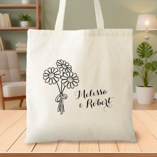 Tote Bag Élégant marguerites florales Mariage Monogramme