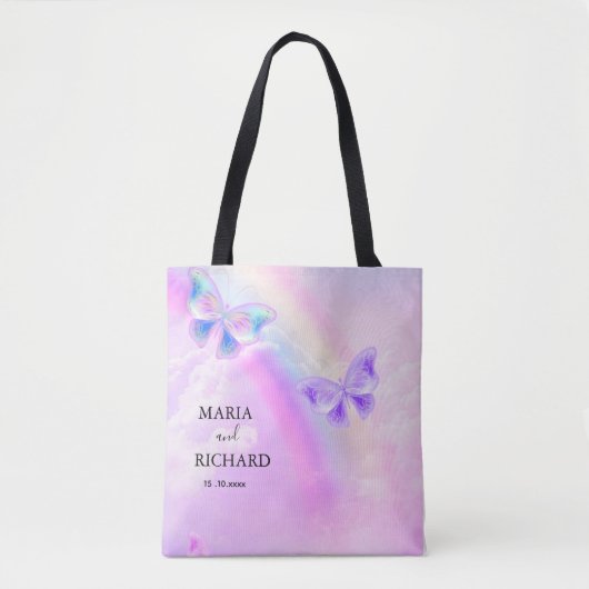 Tote Bag Élégant Mariage arc-en-ciel rose et papillon bleu (Devant)