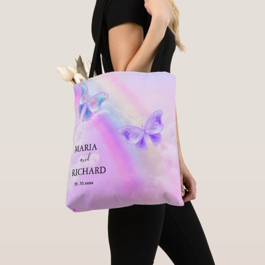 Tote Bag Élégant Mariage arc-en-ciel rose et papillon bleu (De près)