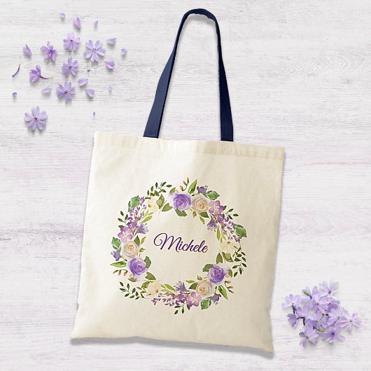 Tote Bag Élégant Mariage floral violet et or