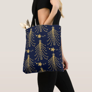 Tote Bag Elégant Marine Bleu Or Noël Arbre étoile Motif