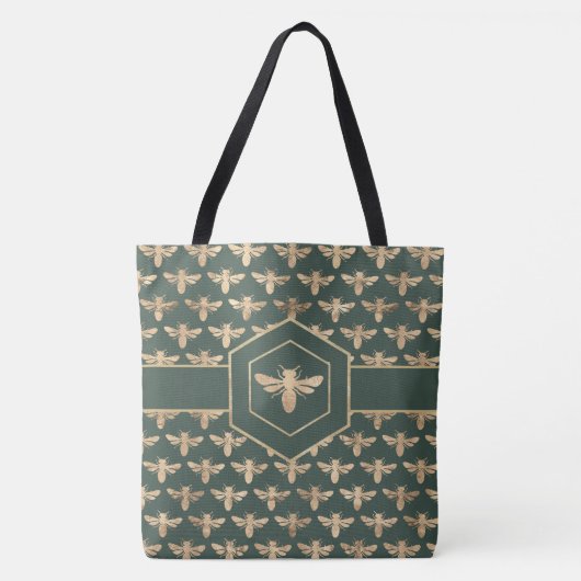 Tote Bag Elégant Miel d'orBee Motif sur Vert foncé (Devant)