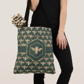 Tote Bag Elégant Miel d'orBee Motif sur Vert foncé (De près)