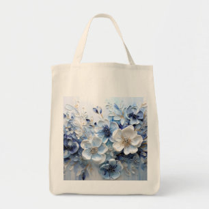 Tote Bag Élégant Moderne Fleur Botanique Bleu Blanc