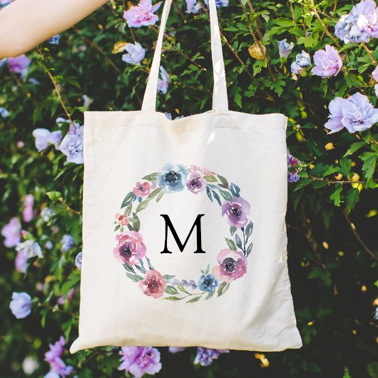 Tote Bag Élégant Monogra de couronne de fleurs rose et viol
