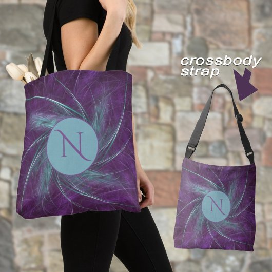 Tote Bag Élégant Monogramme Abstrait Spiral Violet Turquois