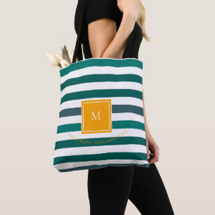 Tote Bag Élégant Monogramme blanc rayé Turquoise