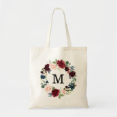 Tote Bag Élégant Monogramme de couronne florale et bordeaux (Devant)