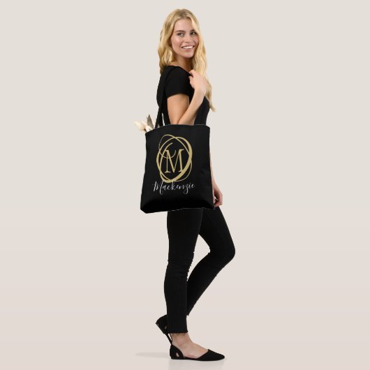 Tote Bag Élégant Monogramme élégant Nom de script Black Gol (Sur le modèle)