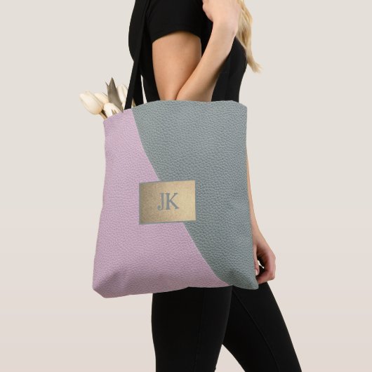 Tote Bag Élégant Monogramme en cuir rose vert (De près)