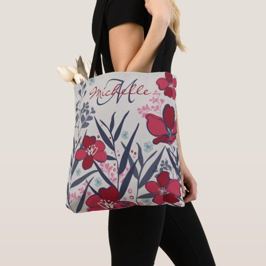 Tote Bag Élégant Monogramme Floral Rouge (De près)