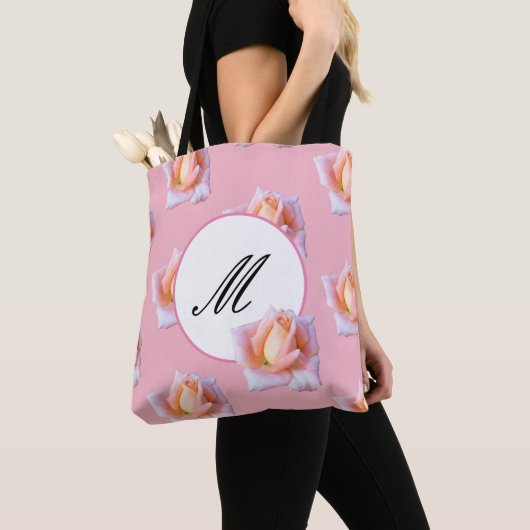 Tote Bag Élégant monogramme Fourre-tout Rose Rose Flowers (De près)