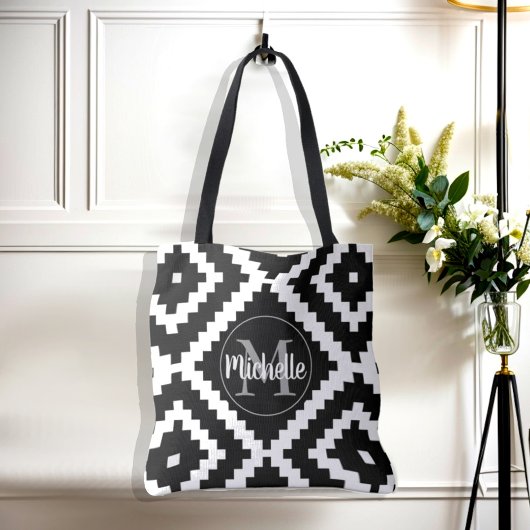 Tote Bag Élégant Monogramme géométrique noir et blanc