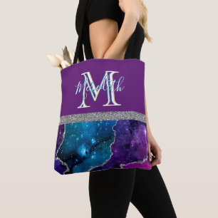 Tote Bag Élégant Monogramme I Purple Turquoise Agate Argent