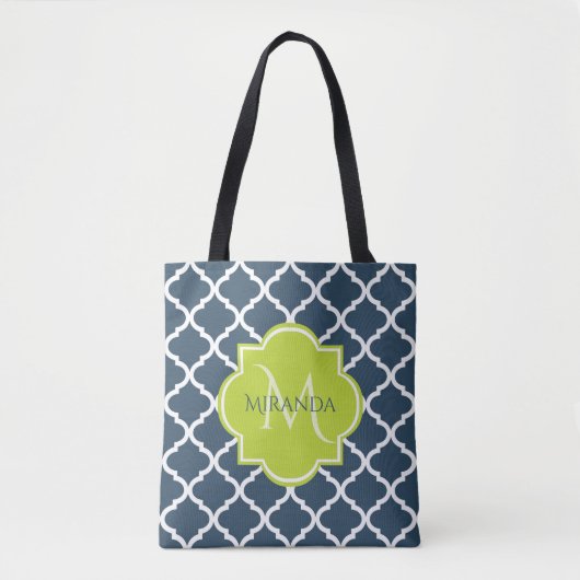 Tote Bag Élégant monogramme Marine Quatrefoil vert et nom (Devant)