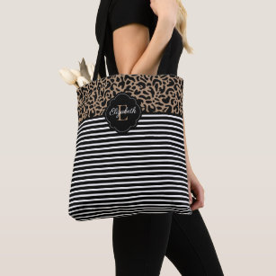 Tote Bag Élégant Monogramme noir Leopard Poster de animal F