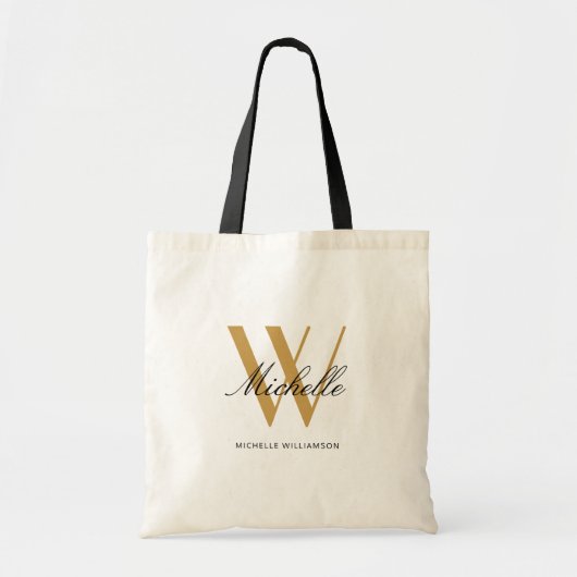 Tote Bag Élégant Monogramme Noir Or Nom initial Script (Devant)