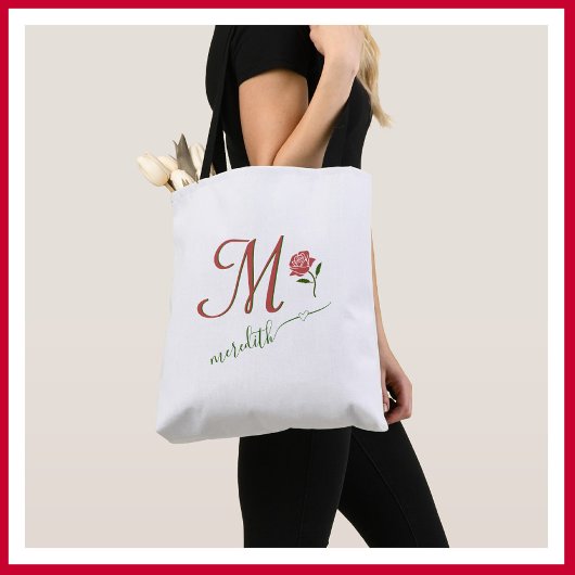 Tote Bag Élégant Monogramme Personnalisé Floral Nom du coeu