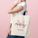 Tote Bag Élégant Monogramme Rose et Noir pour Demoiselle d'<br><div class="desc">Douce et élégante, cette élégante tote arbore une initiale de monogramme rose superposée d'un nom personnalisé en écriture noire nette et le rôle de la fête de mariage en dessous. Un design de monogramme charmant avec une touche féminine ludique qui convient parfaitement aux mariages de printemps et d'été. Le nom,...</div>