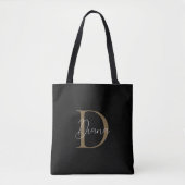 Tote Bag Élégant monogramme script noir minuit doré moussu (Devant)