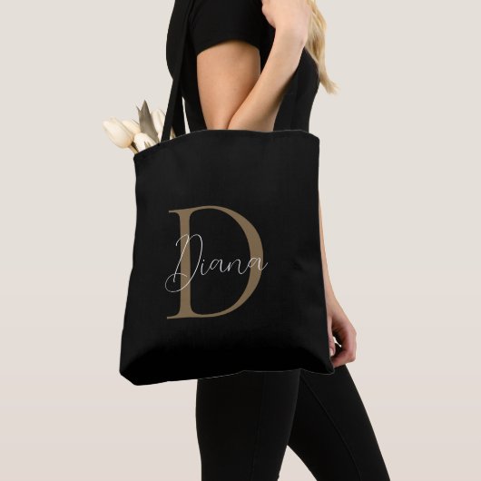 Tote Bag Élégant monogramme script noir minuit doré moussu (De près)