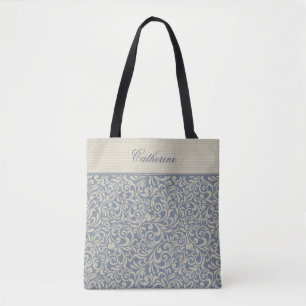 Tote Bag Elégant motif de Damas bleu avec texte personnalis