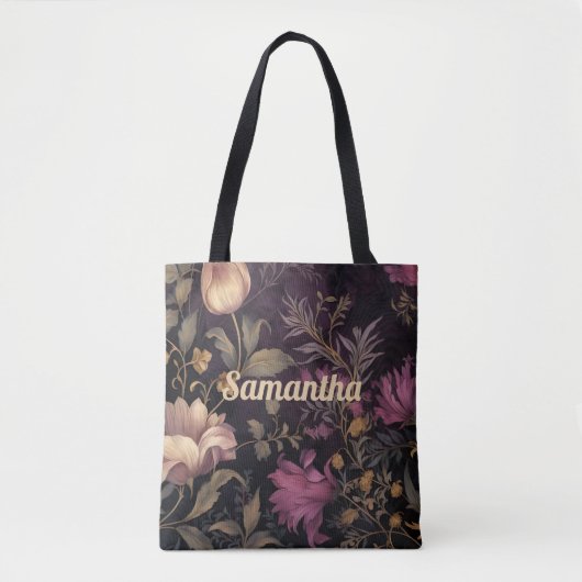 Tote Bag élégant motif de fleurs foncées avec nom (Devant)