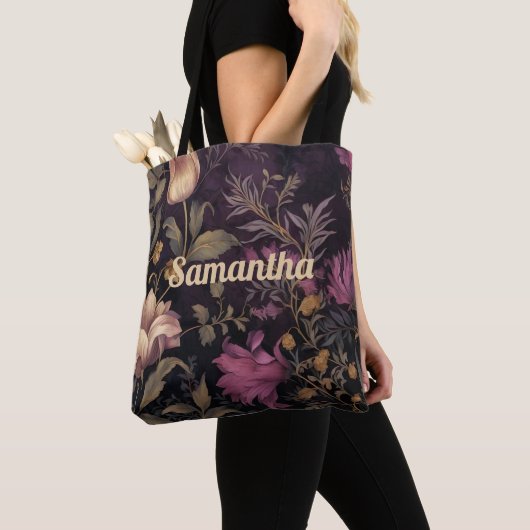 Tote Bag élégant motif de fleurs foncées avec nom (De près)