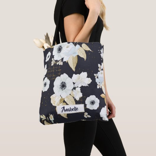 Tote Bag Élégant motif floral bleu et blanc Monogramme (De près)