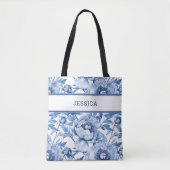 Tote Bag Élégant motif floral bleu mou Fleurs botaniques mi (Devant)