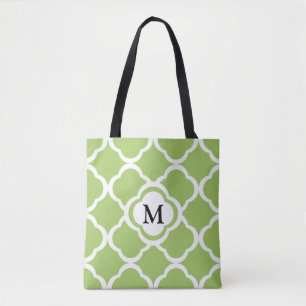 Tote Bag Élégant Motif Monogram Green Quatrefoil