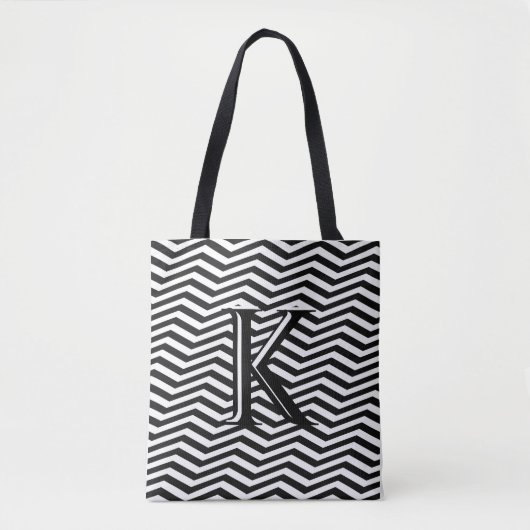 Tote Bag Élégant noir blanc Chevron Stripe Monogramme perso (Devant)