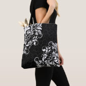 Tote Bag Elégant noir Damas et blanc dentelle florale (De près)