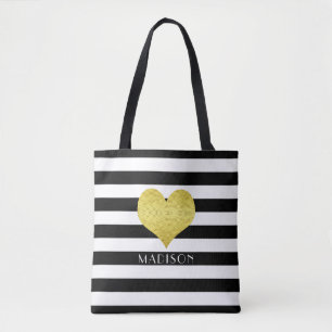 Tote Bag Élégant noir et blanc rayures Motif Nom