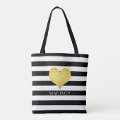 Tote Bag Élégant noir et blanc rayures Motif Nom (Dos)