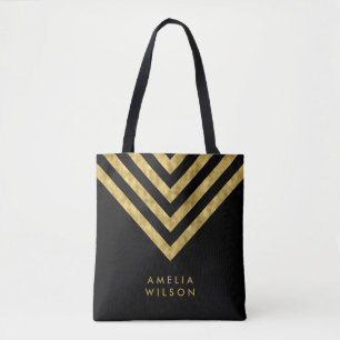 Tote Bag Élégant Noir Faux Or Nom Chevron Motif