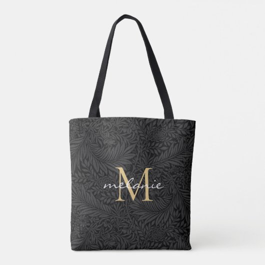 Tote Bag Élégant noir floral or Script Monogramme (Dos)