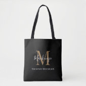 Tote Bag Élégant Noir Or Personnalisé Nom Monogramme (Devant)