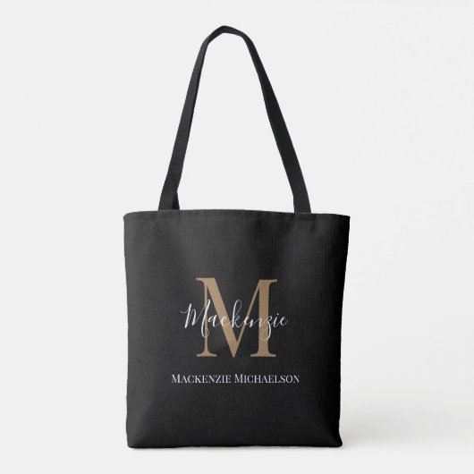 Tote Bag Élégant Noir Or Personnalisé Nom Monogramme (Dos)