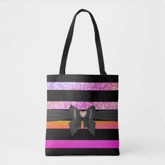 Tote Bag Élégant noir rayé rose rayé nuances Bow (Devant)
