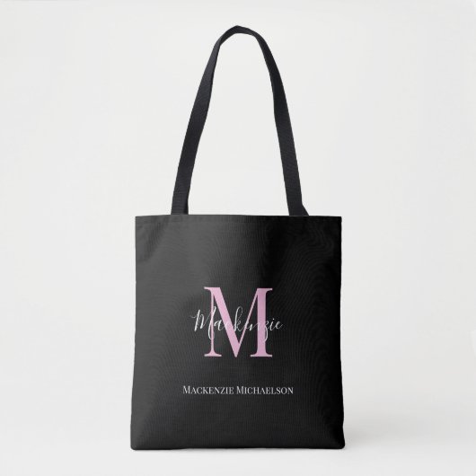 Tote Bag Élégant Noir Rose Personnalisé Nom Monogramme (Devant)
