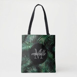 Tote Bag Élégant noir vert Tropical Palm Feuilles Monogramm