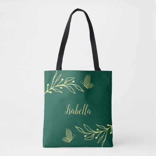 Tote Bag Élégant or romantique fleur vert émeraude (Devant)
