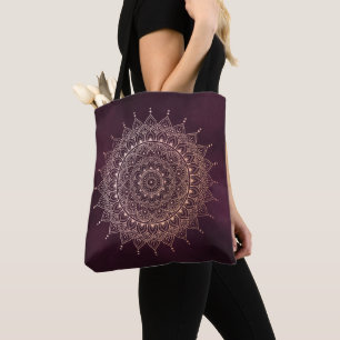 Tote Bag Elégant or Rose sur la Bourgogne Floral Henna Mand