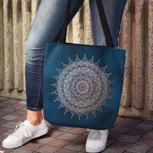 Tote Bag Elégant or Rose sur Turquoise Floral Henna Mandal