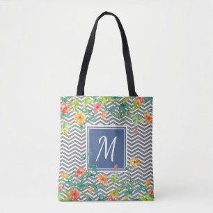 Tote Bag Élégant Orange Floral Chevron Chic Blue Monogram