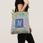 Tote Bag Élégant Orange Floral Chevron Chic Blue Monogram (De près)