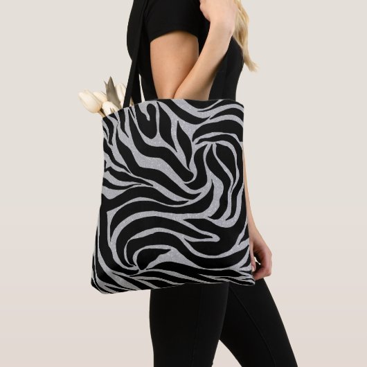 Tote Bag Elégant Parties scintillant noire Silver Zebra Pos (De près)