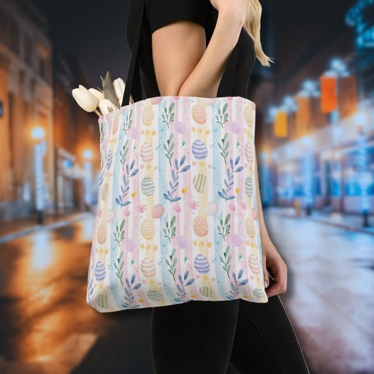 Tote Bag Elegant Pastel Watercolor Easter Stripes Eggs